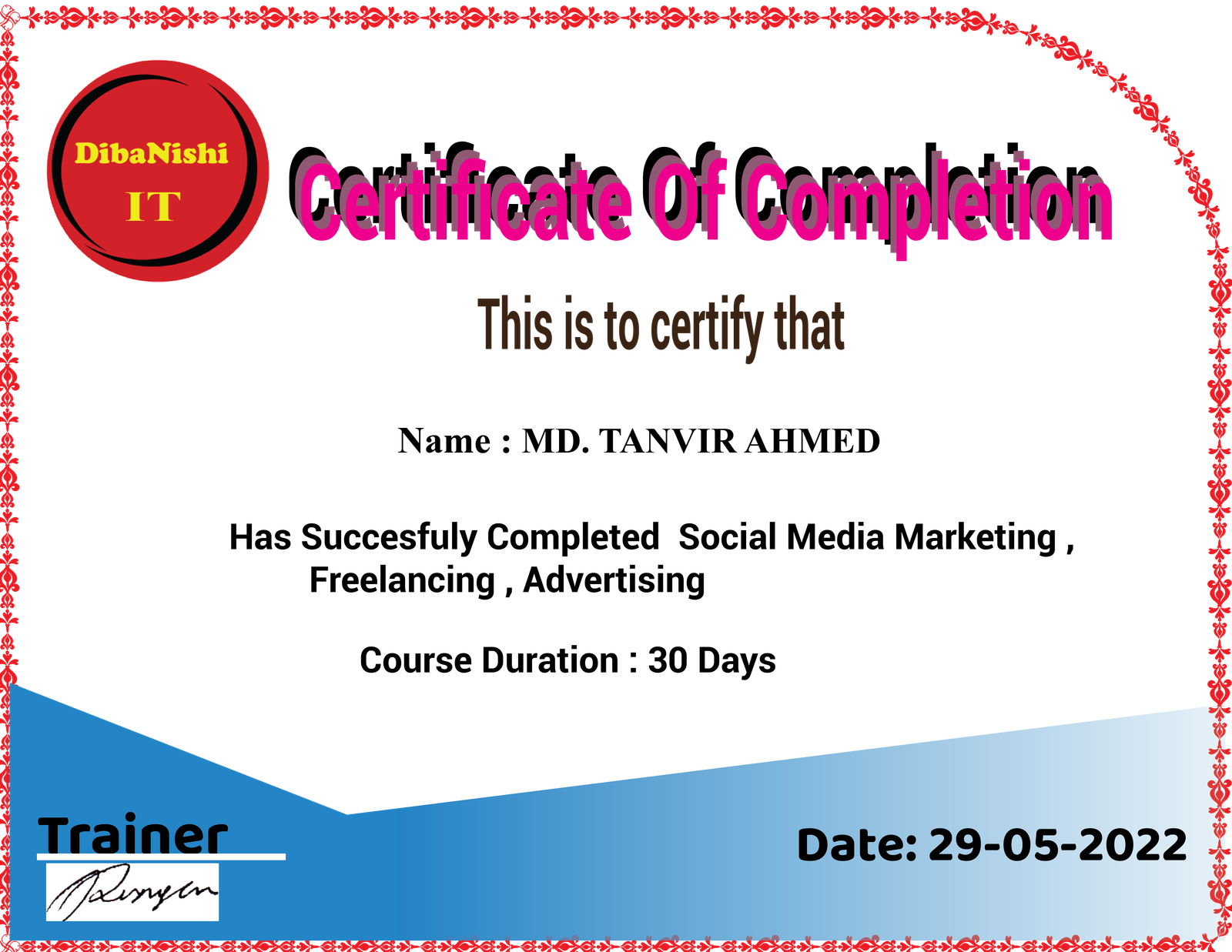 gainerdigital marketer tanvir certificate image