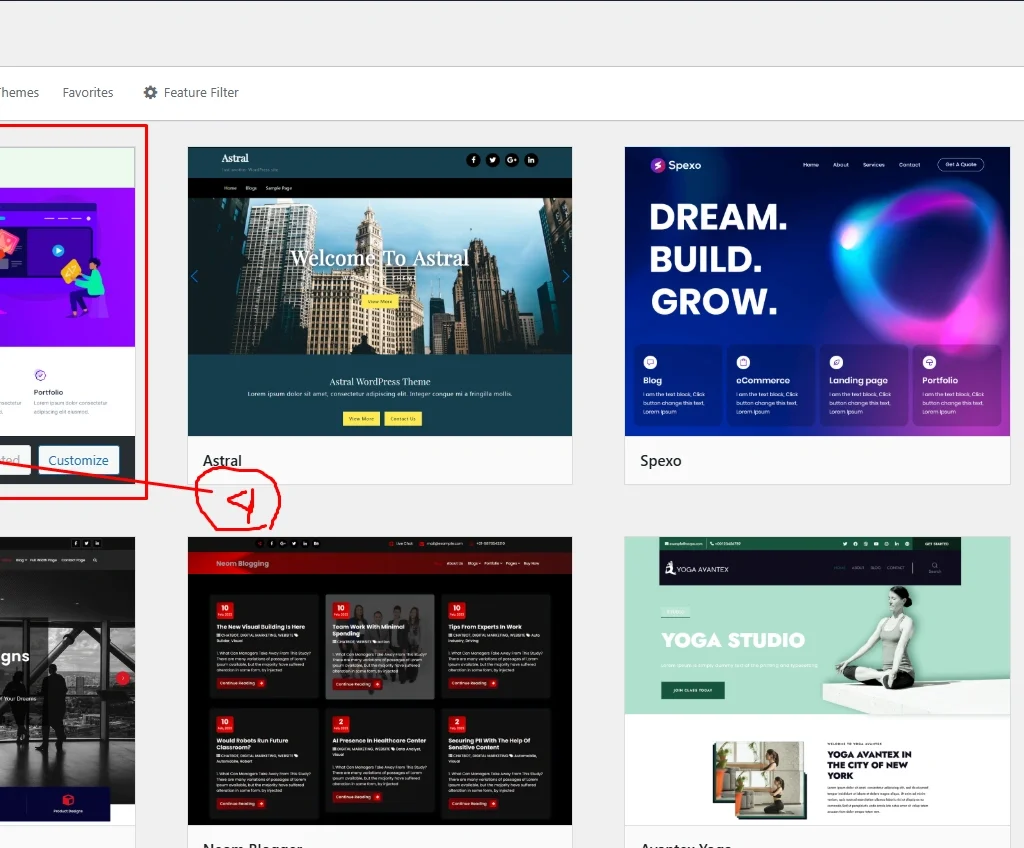 WordPress dashboard displaying Astra theme preview for a small business website