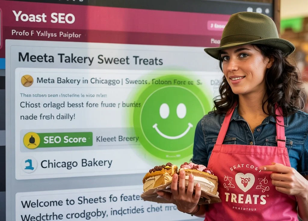 Yoast SEO plugin optimizing a WordPress post for Chicago bakery keyword