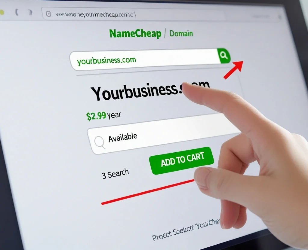 Screenshot of Namecheap domain search showing YourBusiness.com available for purchase