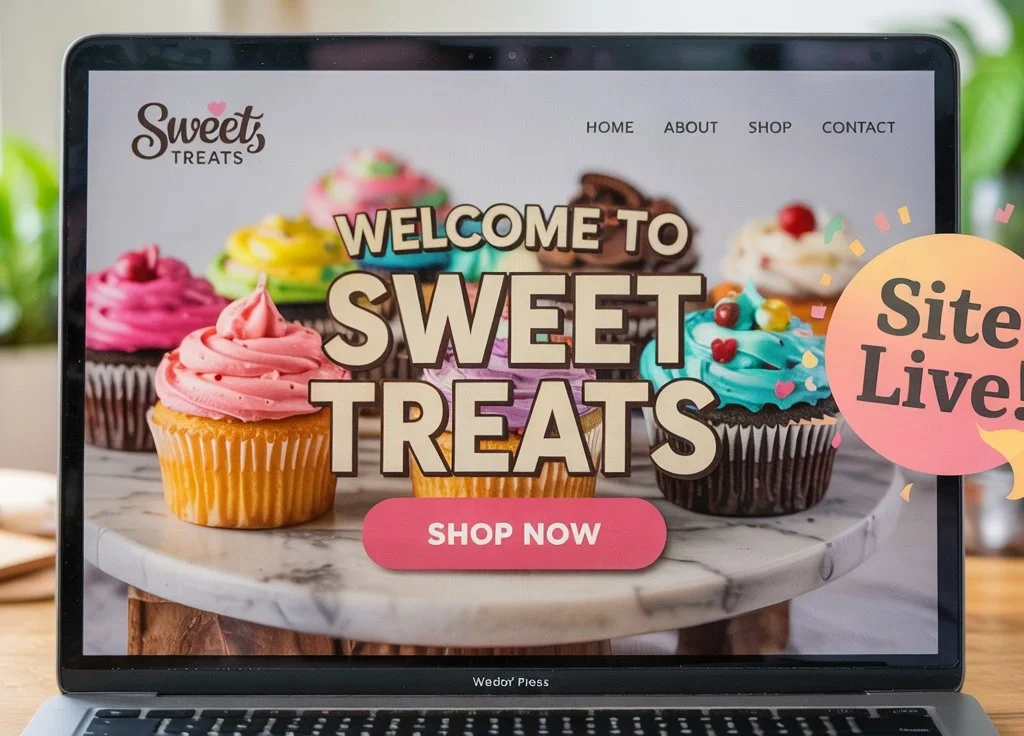 Mockup of a launched WordPress website for Sweet Treats bakery on a laptop