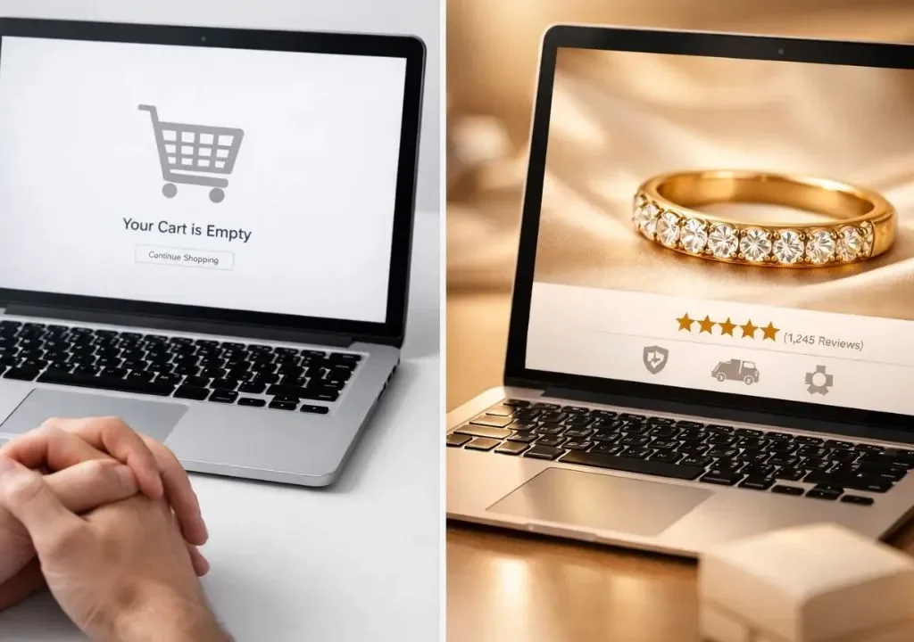 Why jewelry website visitors leave without buying — conversion failure vs. optimised product page comparison